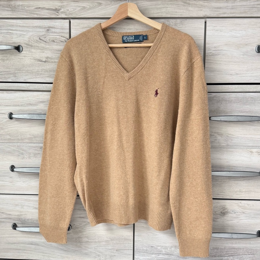 Polo Ralph Lauren 100% Lambswool V-Neck Sweater – Tan/Camel – Size L - Picture 2 of 9